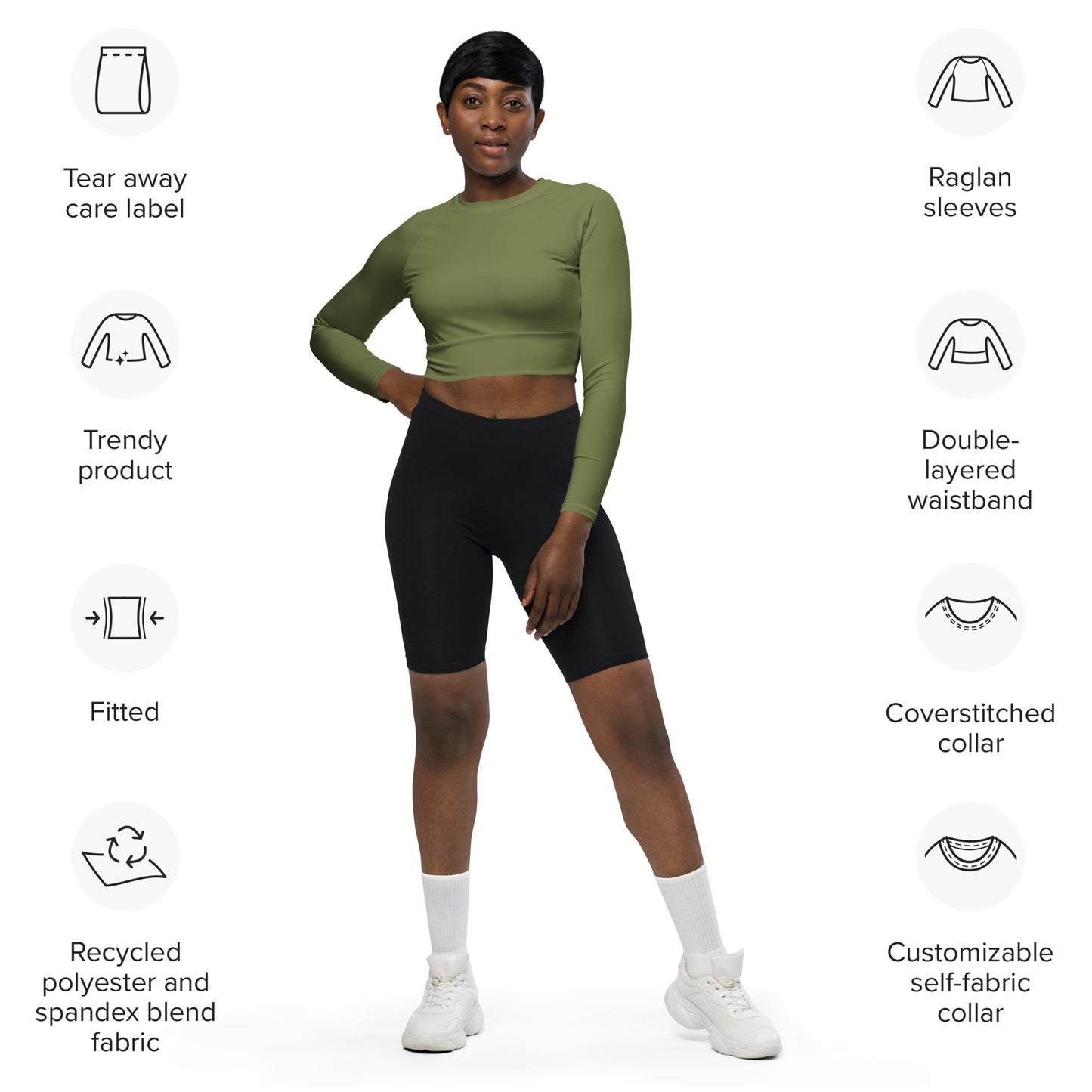 Olive Green Women's Athletic Long Sleeve Crop Top