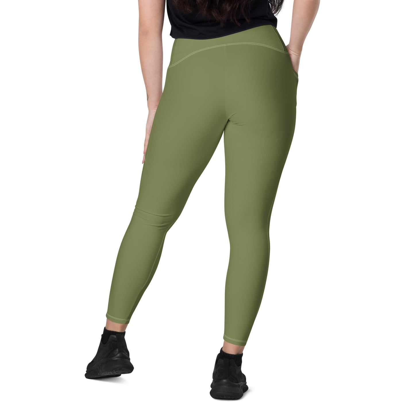 Olive Green Women's High Waisted Workout Leggings With Pockets