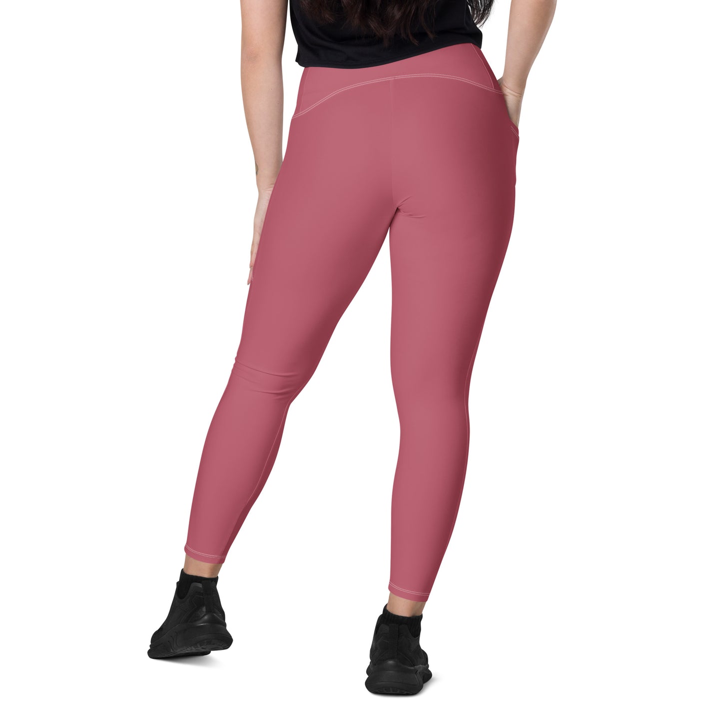 Maroon Pink Women's High Waisted Workout Leggings With Pockets