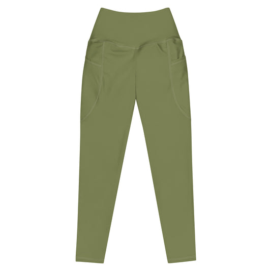 Olive Green Women's High Waisted Workout Leggings With Pockets