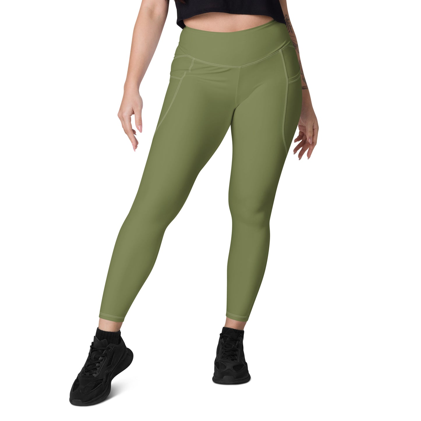 Olive Green Women's High Waisted Workout Leggings With Pockets