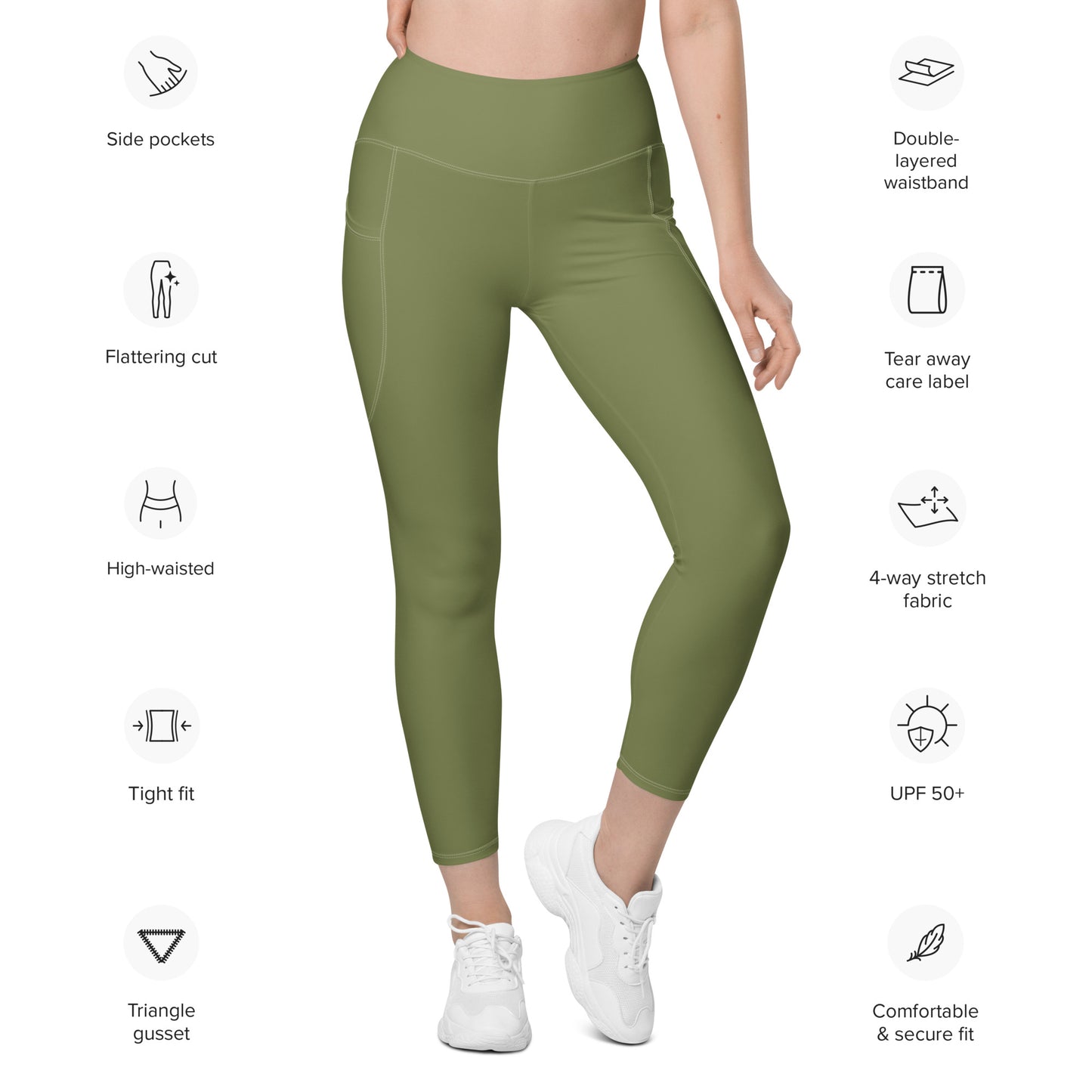 Olive Green Women's High Waisted Workout Leggings With Pockets