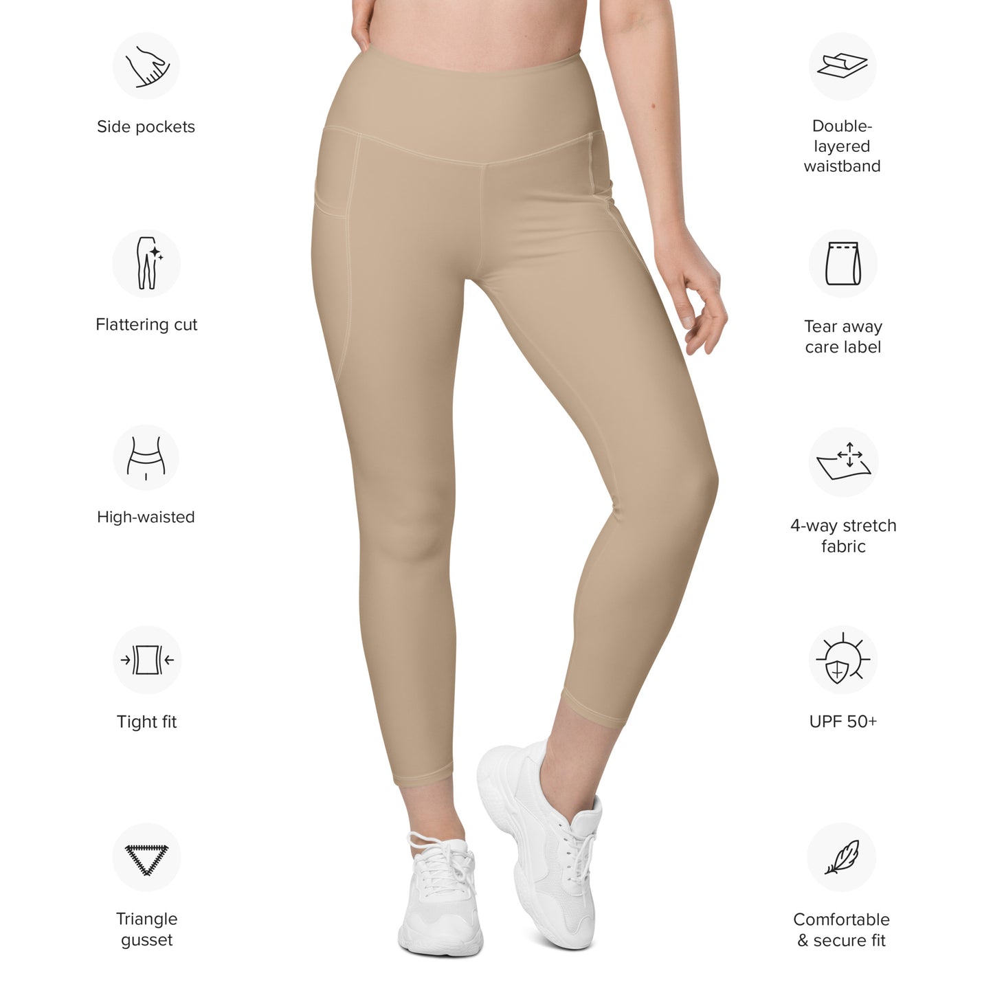 Tan Women's High Waisted Workout Leggings with Pockets