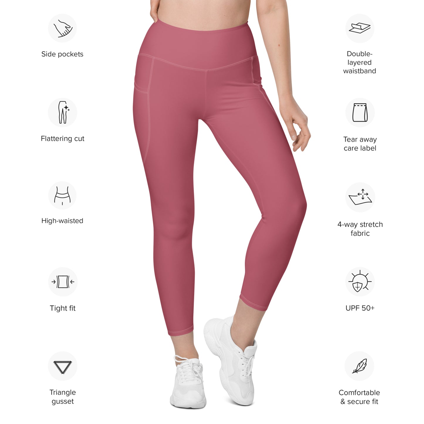 Maroon Pink Women's High Waisted Workout Leggings With Pockets