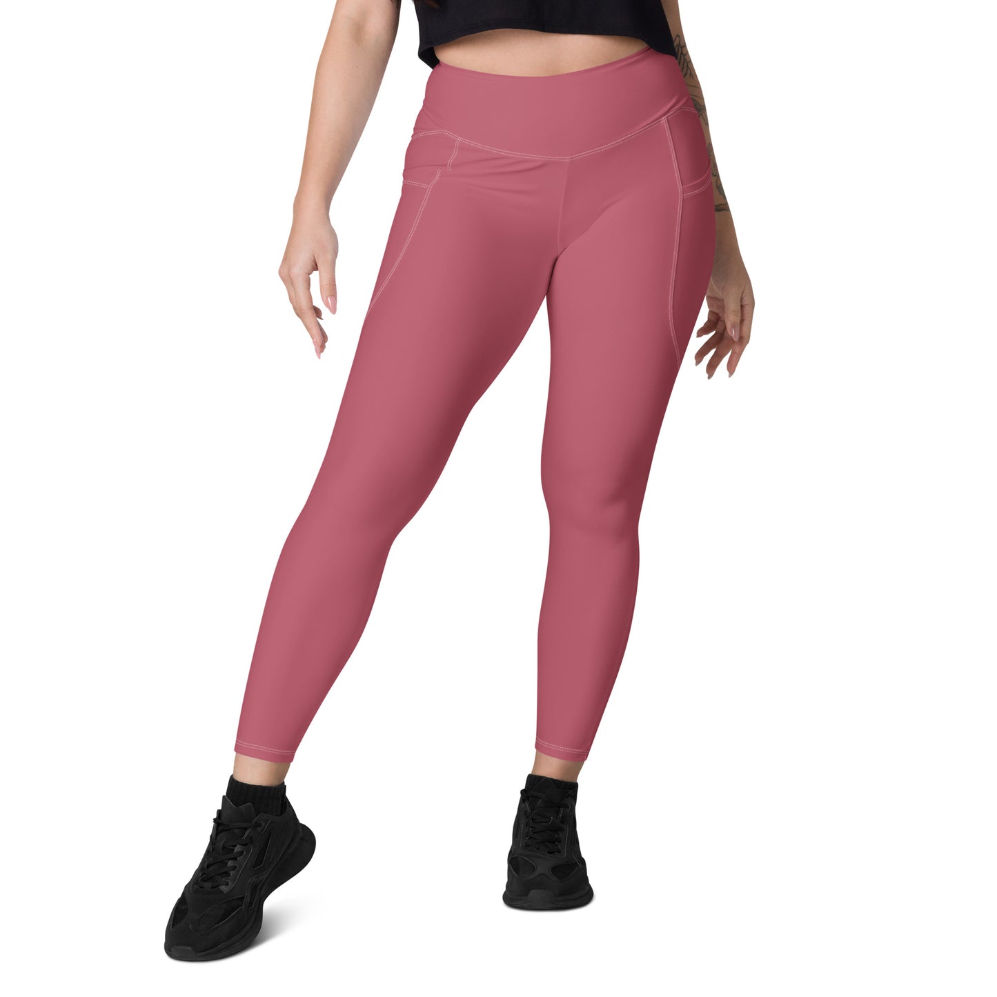 Maroon Pink Women's High Waisted Workout Leggings With Pockets