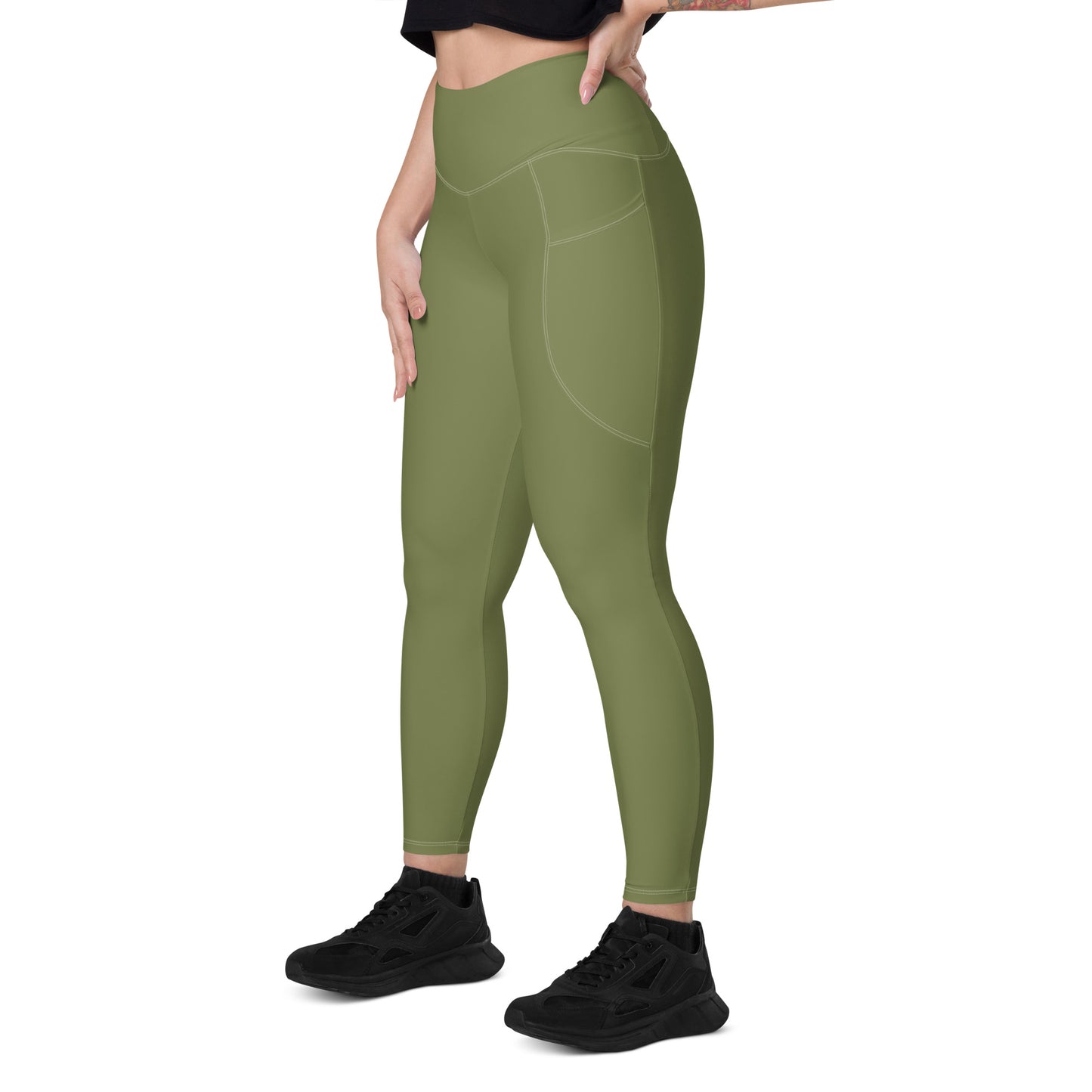 Olive Green Women's High Waisted Workout Leggings With Pockets