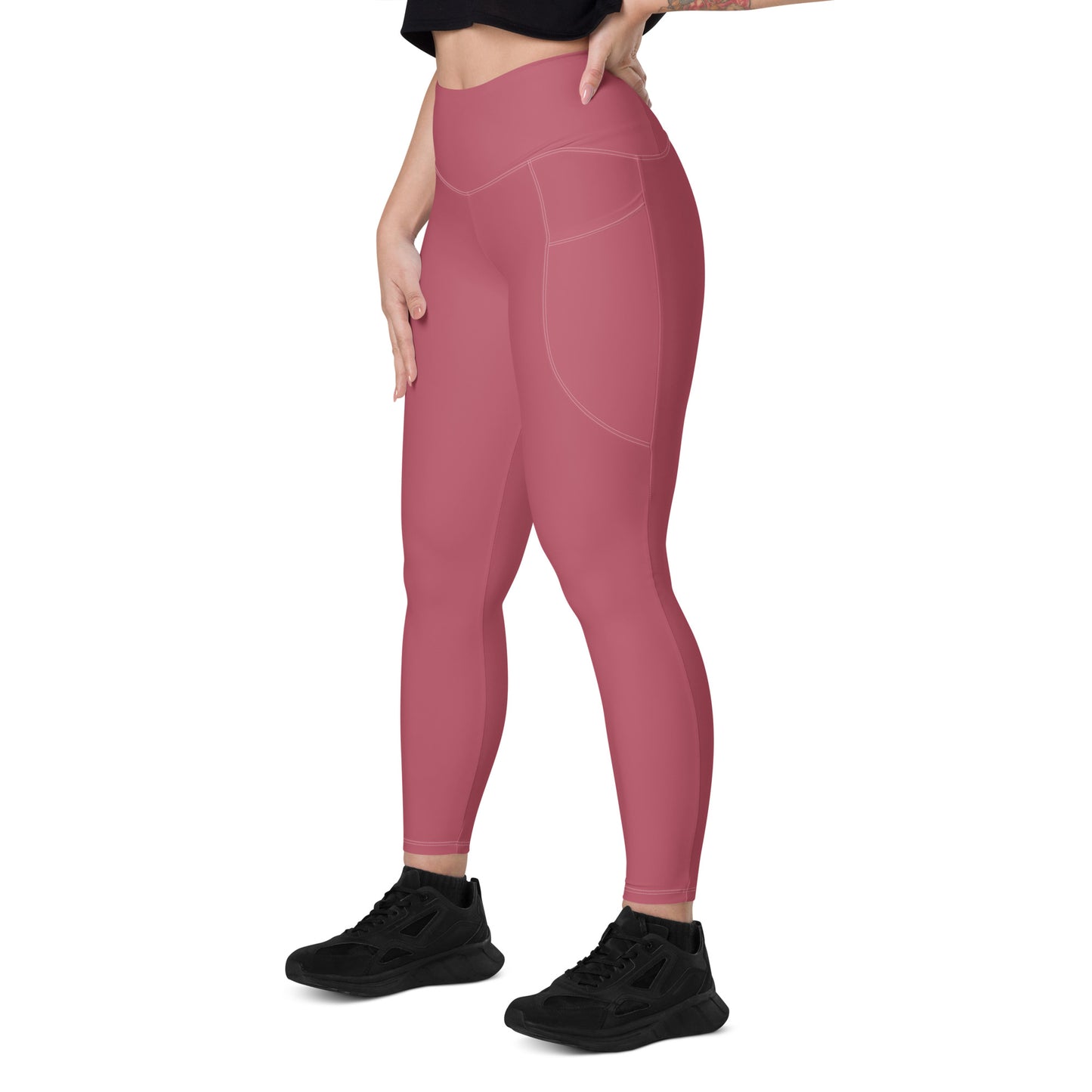 Maroon Pink Women's High Waisted Workout Leggings With Pockets