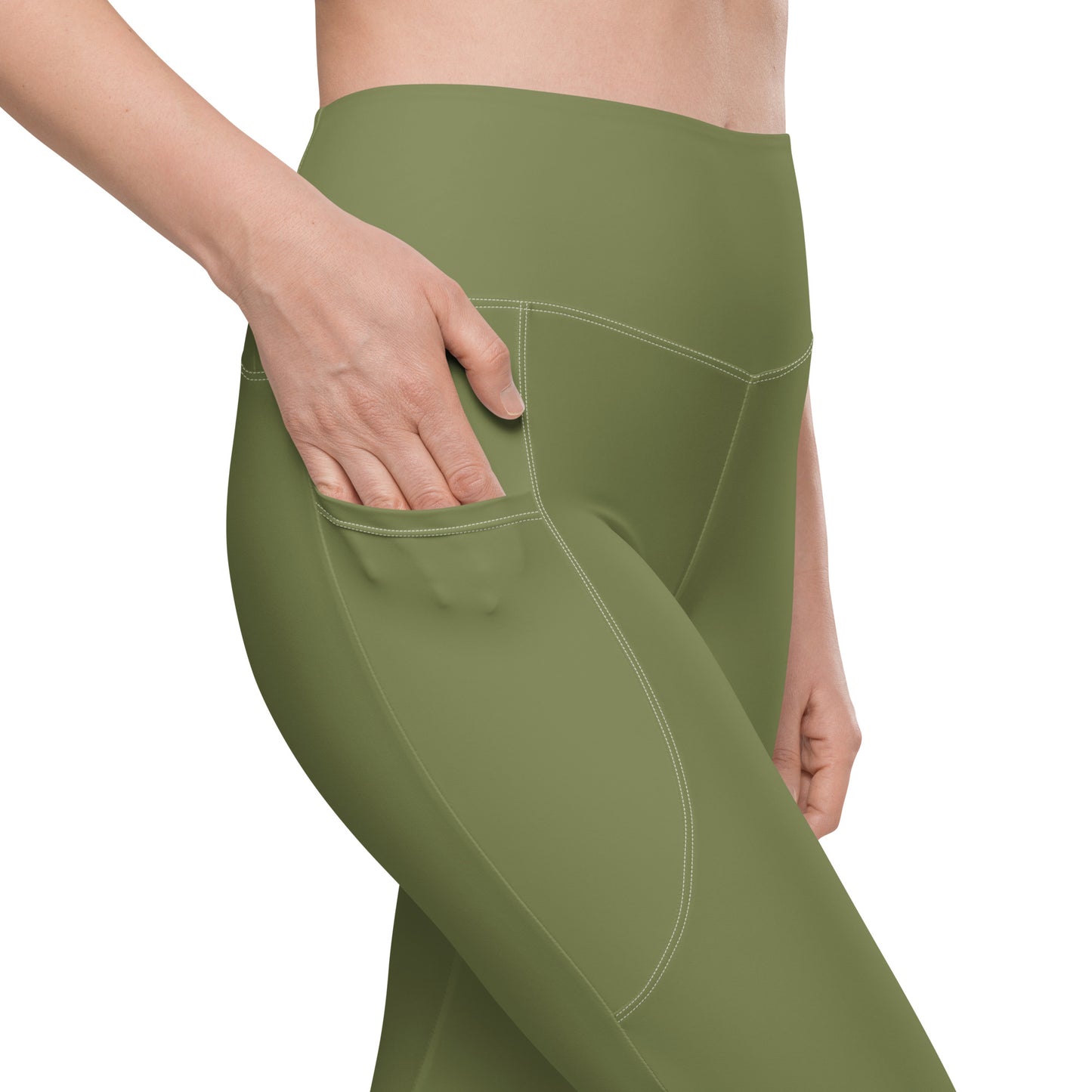 Olive Green Women's High Waisted Workout Leggings With Pockets