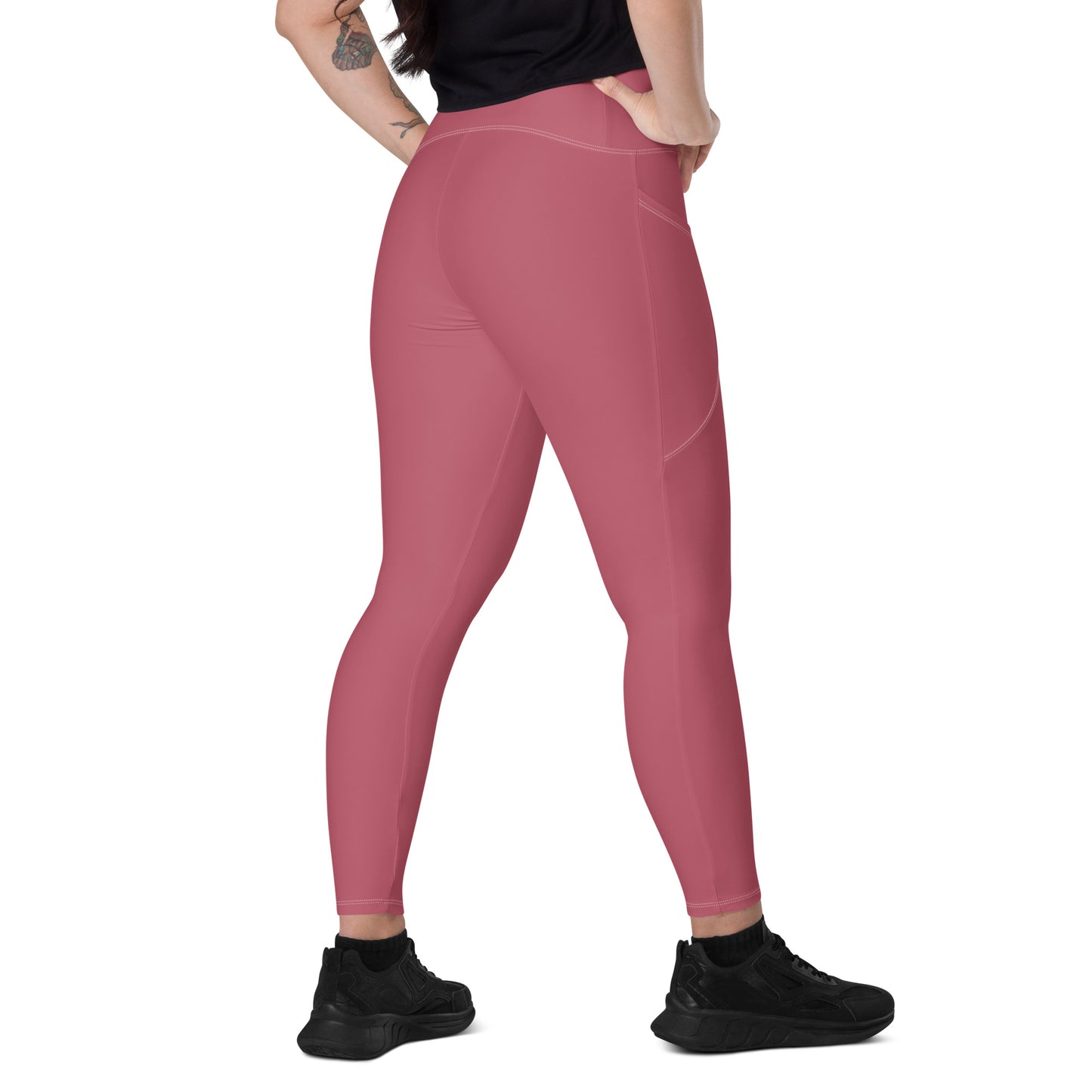 Maroon Pink Women's High Waisted Workout Leggings With Pockets