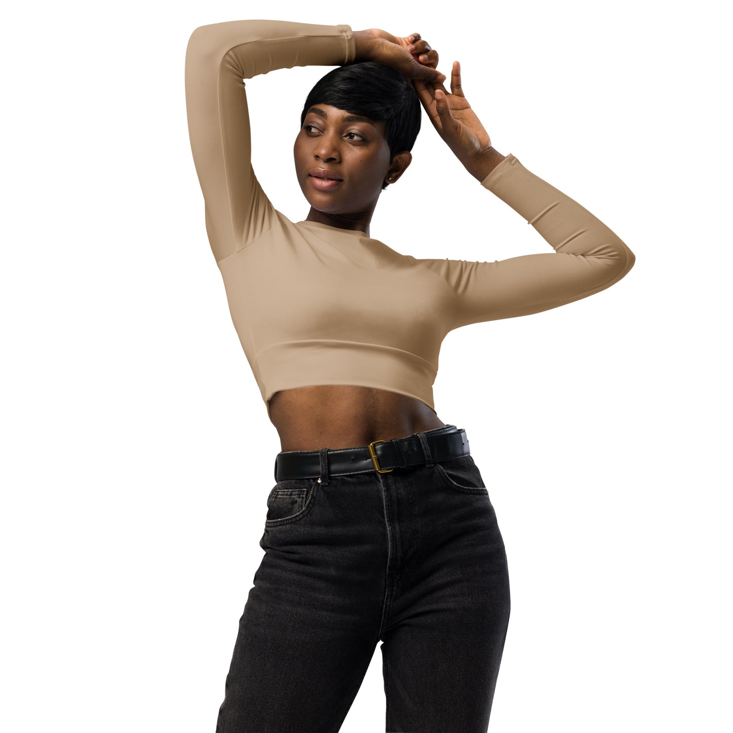 Tan Women's Athletic Long Sleeve Crop Top