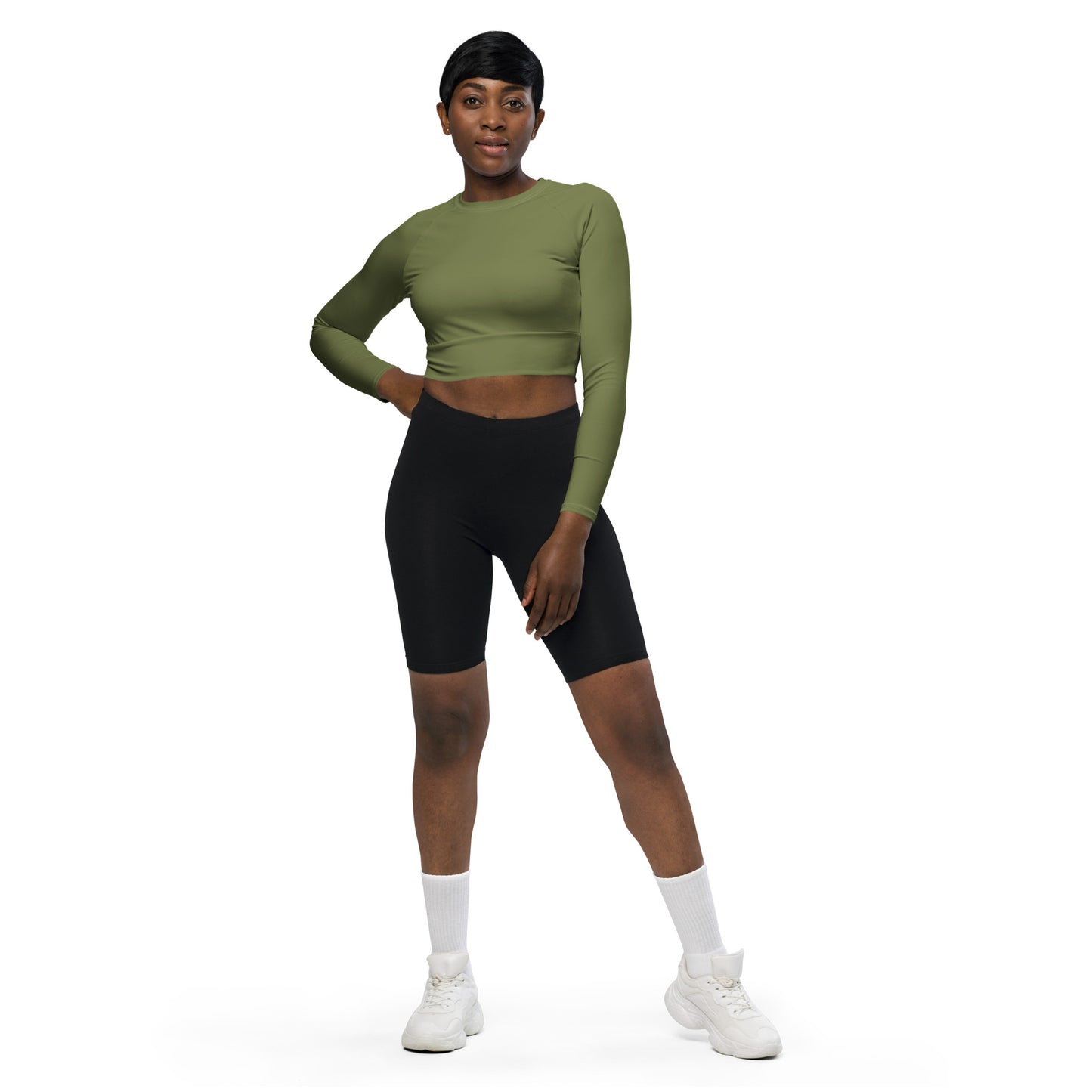 Olive Green Women's Athletic Long Sleeve Crop Top